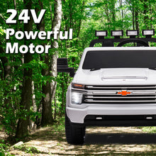 Load image into Gallery viewer, White, 24V 2 Seater Ride On Truck Car, Licensed Chevrolet Silverado HD Electric Car for Kids, 4WDmotors, with2.4G Remote Control, Metal Suspension, Soft Start, FM/Bluetooth/Music, LED Light,Toys Gifts
