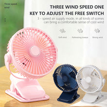 Load image into Gallery viewer, 2000mah Clip Fan Rechargeable Silent 3 Blades Baby Stroller Fans Portable Air Cooling 3 Speeds Desk USB Fan
