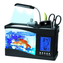 Load image into Gallery viewer, USB Desktop Mini Aquarium Ecosystem Fish Tank with LED Light LCD Display Screen and Clock Decoration with Pebbles Black/White Table Decor
