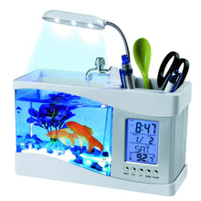 Load image into Gallery viewer, USB Desktop Mini Aquarium Ecosystem Fish Tank with LED Light LCD Display Screen and Clock Decoration with Pebbles Black/White Table Decor

