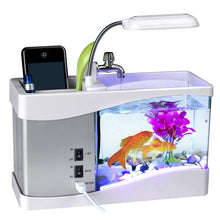 Load image into Gallery viewer, USB Desktop Mini Aquarium Ecosystem Fish Tank with LED Light LCD Display Screen and Clock Decoration with Pebbles Black/White Table Decor
