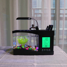Load image into Gallery viewer, USB Desktop Mini Aquarium Ecosystem Fish Tank with LED Light LCD Display Screen and Clock Decoration with Pebbles Black/White Table Decor
