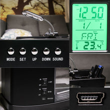 Load image into Gallery viewer, USB Desktop Mini Aquarium Ecosystem Fish Tank with LED Light LCD Display Screen and Clock Decoration with Pebbles Black/White Table Decor

