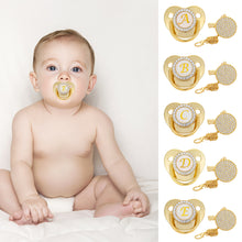 Load image into Gallery viewer, 26 Letters Initials Baby Pacifier and Pacifier Clips Gold Diamond BPA Free Silicone Nipples Newborn Dummy Soother with Crystal Rhinestone
