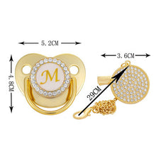 Load image into Gallery viewer, 26 Letters Initials Baby Pacifier and Pacifier Clips Gold Diamond BPA Free Silicone Nipples Newborn Dummy Soother with Crystal Rhinestone
