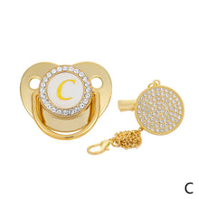 Load image into Gallery viewer, 26 Letters Initials Baby Pacifier and Pacifier Clips Gold Diamond BPA Free Silicone Nipples Newborn Dummy Soother with Crystal Rhinestone
