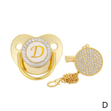 Load image into Gallery viewer, 26 Letters Initials Baby Pacifier and Pacifier Clips Gold Diamond BPA Free Silicone Nipples Newborn Dummy Soother with Crystal Rhinestone
