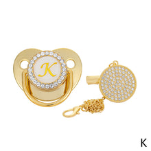 Load image into Gallery viewer, 26 Letters Initials Baby Pacifier and Pacifier Clips Gold Diamond BPA Free Silicone Nipples Newborn Dummy Soother with Crystal Rhinestone
