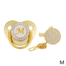 Load image into Gallery viewer, 26 Letters Initials Baby Pacifier and Pacifier Clips Gold Diamond BPA Free Silicone Nipples Newborn Dummy Soother with Crystal Rhinestone
