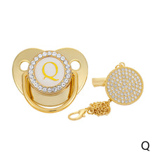 Load image into Gallery viewer, 26 Letters Initials Baby Pacifier and Pacifier Clips Gold Diamond BPA Free Silicone Nipples Newborn Dummy Soother with Crystal Rhinestone

