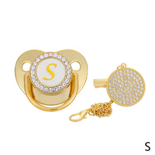 Load image into Gallery viewer, 26 Letters Initials Baby Pacifier and Pacifier Clips Gold Diamond BPA Free Silicone Nipples Newborn Dummy Soother with Crystal Rhinestone
