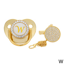 Load image into Gallery viewer, 26 Letters Initials Baby Pacifier and Pacifier Clips Gold Diamond BPA Free Silicone Nipples Newborn Dummy Soother with Crystal Rhinestone
