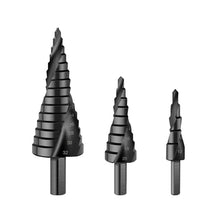 Load image into Gallery viewer, 3Pcs/Set 4-12mm 4-20mm 4-32mm HSS Cobalt Step Stepped Drill Bit Set Triangle Shank Hole Nitrogen High Speed Steel Spiral for Metal Cone Cutter Core Metal Drilling
