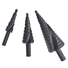 Load image into Gallery viewer, 3Pcs/Set 4-12mm 4-20mm 4-32mm HSS Cobalt Step Stepped Drill Bit Set Triangle Shank Hole Nitrogen High Speed Steel Spiral for Metal Cone Cutter Core Metal Drilling
