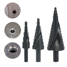 Load image into Gallery viewer, 3Pcs/Set 4-12mm 4-20mm 4-32mm HSS Cobalt Step Stepped Drill Bit Set Triangle Shank Hole Nitrogen High Speed Steel Spiral for Metal Cone Cutter Core Metal Drilling
