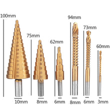 Load image into Gallery viewer, 6Pcs 4-12/20/32mm HSS Steel Titanium Step Drill Bit and Drill Bit-Milling Cutter Metal Hole Cutter Wood Cone Core Drilling Hole Saw Tool+3,6,8 Saw Drill
