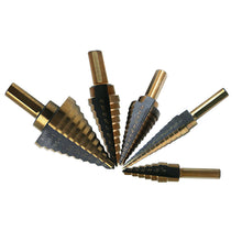 Load image into Gallery viewer, 5pcs HSS Titanium Cobalt Step Drill Bit Set High Speed Steel Center Punch for Accurate Locator Aluminum Case Metal Drilling Tool for Metal Wood Step Cone Drill
