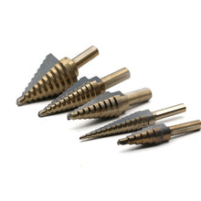 Load image into Gallery viewer, 5pcs HSS Titanium Cobalt Step Drill Bit Set High Speed Steel Center Punch for Accurate Locator Aluminum Case Metal Drilling Tool for Metal Wood Step Cone Drill

