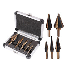 Load image into Gallery viewer, 5pcs HSS Titanium Cobalt Step Drill Bit Set High Speed Steel Center Punch for Accurate Locator Aluminum Case Metal Drilling Tool for Metal Wood Step Cone Drill

