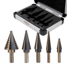 Load image into Gallery viewer, 5pcs HSS Titanium Cobalt Step Drill Bit Set High Speed Steel Center Punch for Accurate Locator Aluminum Case Metal Drilling Tool for Metal Wood Step Cone Drill
