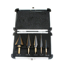 Load image into Gallery viewer, 5pcs HSS Titanium Cobalt Step Drill Bit Set High Speed Steel Center Punch for Accurate Locator Aluminum Case Metal Drilling Tool for Metal Wood Step Cone Drill
