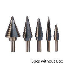 Load image into Gallery viewer, 5pcs HSS Titanium Cobalt Step Drill Bit Set High Speed Steel Center Punch for Accurate Locator Aluminum Case Metal Drilling Tool for Metal Wood Step Cone Drill
