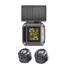 Load image into Gallery viewer, LCD Morotcycle Wireless Tyre Temperature Alarm Display Solar USB Charge With 2 External Sensors TPMS Tire Pressure Monitoring System
