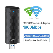 Load image into Gallery viewer, Wifi 6 Wireless Card 1800M USB Adapter Dual Band High Gain 5G/2.4GHz WiFi Network Card Receiver Transmitter
