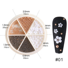 Load image into Gallery viewer, 6 Grids/box Steel Ball White Flower Pearl Mixed Nail Art Jewelry Nail Decoration Nail Art DIY Nail Accessories
