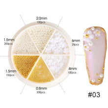 Load image into Gallery viewer, 6 Grids/box Steel Ball White Flower Pearl Mixed Nail Art Jewelry Nail Decoration Nail Art DIY Nail Accessories
