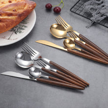 Load image into Gallery viewer, Wooden Tableware for Kitchen Cutlery Set Stainless Steel Dinnerware Glossy Wood Western Food Knife fork Teaspoon
