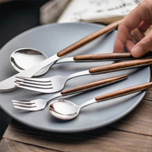 Load image into Gallery viewer, Wooden Tableware for Kitchen Cutlery Set Stainless Steel Dinnerware Glossy Wood Western Food Knife fork Teaspoon
