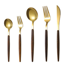 Load image into Gallery viewer, Wooden Tableware for Kitchen Cutlery Set Stainless Steel Dinnerware Glossy Wood Western Food Knife fork Teaspoon
