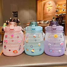 Load image into Gallery viewer, 1300ml Large Capacity Outdoor Sports Water Bottle With Straw Strap 3D Sticker For Girls Children Portable School Drinking Bottle
