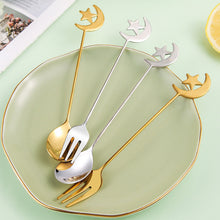 Load image into Gallery viewer, 304 Stainless Steel Coffee Tea Spoon Dessert Cake Fork Moon Star Pendant Coffee Milk Mixing Spoon Fruit Fork Tableware
