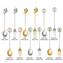 Load image into Gallery viewer, 304 Stainless Steel Coffee Tea Spoon Dessert Cake Fork Moon Star Pendant Coffee Milk Mixing Spoon Fruit Fork Tableware
