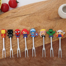 Load image into Gallery viewer, 8pcs/set Mini Stainless Steel Hero Fruit Fork Kids Cute Cartoon Hero Dessert Forks Children Lunch Dessert Fruit Decoration Forks
