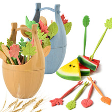 Load image into Gallery viewer, 16pcs/set Biodegradable Fruit Fork Bucket Leaves Shape Dessert Forks Snack Food Picks Salad Vegetable Kids Lunch Accessories
