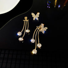 Load image into Gallery viewer, Korean Women Pearl Rhinestone Butterfly Long Tassel Earrings
