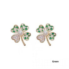 Load image into Gallery viewer, Silver Needle Four-leaf Clover Flower Rhinestone Pearl Earrings for Women Jewelry Gift
