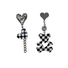 Load image into Gallery viewer, Women Rhinestone Love Heart Earrings Korean Checkerboard Bear Earring

