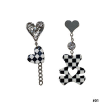 Load image into Gallery viewer, Women Rhinestone Love Heart Earrings Korean Checkerboard Bear Earring
