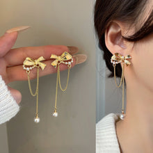 Load image into Gallery viewer, Korea Women Pearl Bow Long Tassel Earrings Fairy Pearl Pendant Earring
