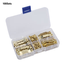 Load image into Gallery viewer, 100Sets Gold Saw Tooth Hangers for Wood Frame Canvas Picture Frame Hanging Hooks with Screws Sawtooth Hangers 45*8mm DIY Hardware Tools
