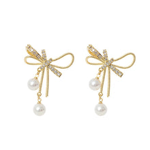 Load image into Gallery viewer, Cutout Bow Pearl Pendant Stud Earrings Bow Diamond Earrings Creative Simple Accessories Jewelry for Women
