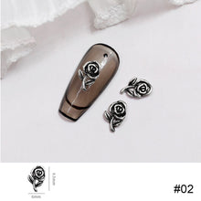 Load image into Gallery viewer, 10pcs Metal Rose Nail Ornaments Retro Dark Style Three-dimensional Rose Ancient Silver Nail Ornaments Nail Art Decoration
