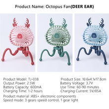 Load image into Gallery viewer, USB Chargeable Fan Baby Stroller Bed Fan Mute Retractable Fan with Clip Variable Portable Octopus Mini Fan Office Desktop Fan

