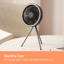 Load image into Gallery viewer, Multifunction Eletric Fan Appliance USB Chargeable Tripod Stand Desk Fan with Night Light Outdoor Camping Ceiling Fan
