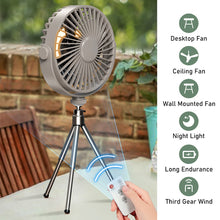 Load image into Gallery viewer, Multifunction Eletric Fan Appliance with Control USB Chargeable Tripod Stand Desk Fan with Light Outdoor Camping Ceiling Fan
