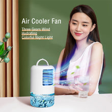 Load image into Gallery viewer, Mini Air Conditioner Timing Air Cooler Fan with Atmosphere Light USB Air Cooling Fan Office Desktop Fan Moisturizing Fan
